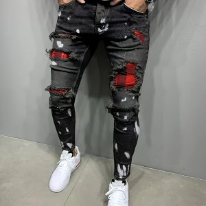 Men'S Slim-Fit Black Distressed Faux Denim Faux Denim with Tapered Legs & Frayed Hem
